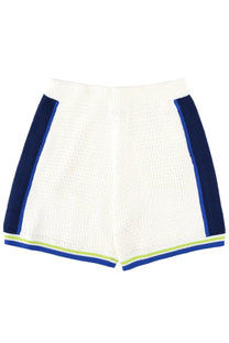 Casablanca men’s crochet white knit shorts with navy blue side panels and lime green trim along the hem