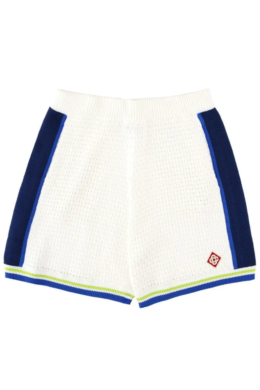 Casablanca men’s crochet shorts white with white knit fabric navy blue side panels and lime green trim ribbed waistband