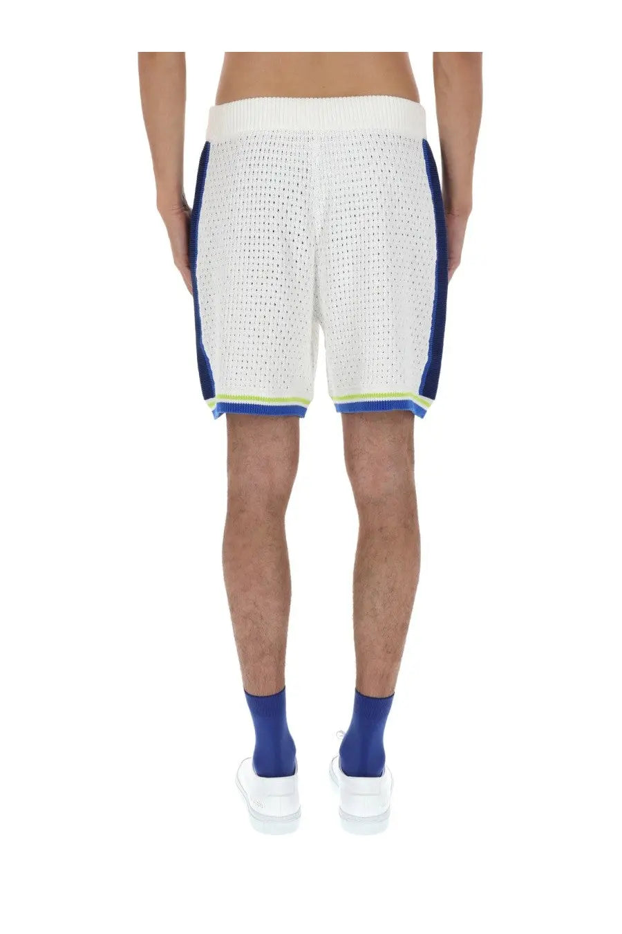 Casablanca men’s crochet shorts in white knit with blue side panels and neon green trim along the hem