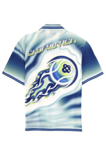 Casablanca men’s blue and white polo shirt with flaming tennis ball graphic and c.s. logo, short-sleeved design