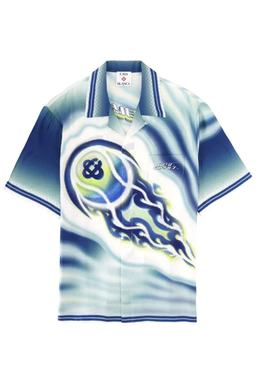 Casablanca men’s blue and white gradient polo shirt with bold stylized jellyfish graphic on the front