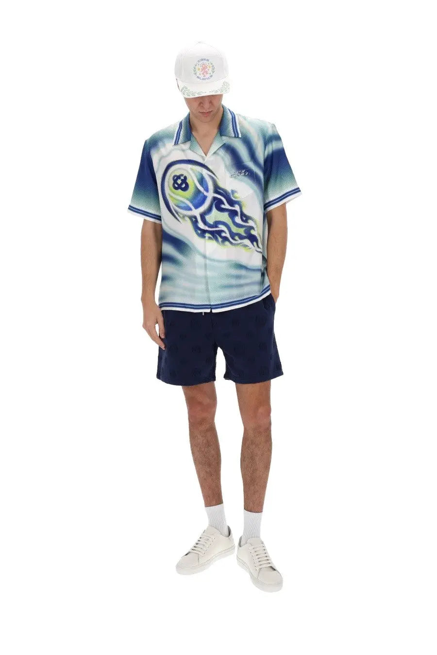 Casablanca men’s short-sleeved button-up shirt with blue and white gradient and psychedelic ocean wave design