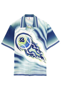 Casablanca men’s flaming tennis ball blue polo shirt with blue and white gradient and stylized jellyfish graphic