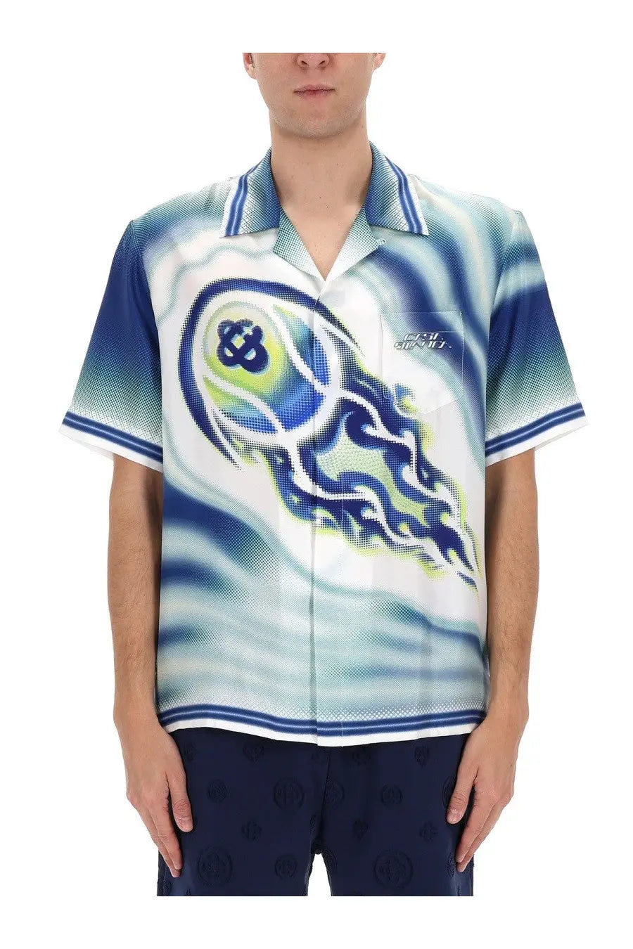 Casablanca men’s blue and white short-sleeved button-up shirt with swirling flame graphic on the front