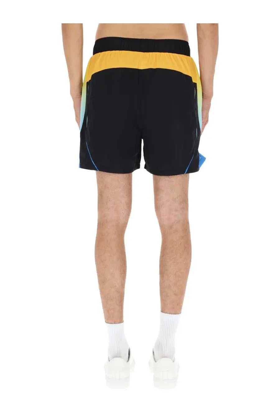 Casablanca men’s football windbreaker shorts in black with a bold yellow waistband and vibrant light blue green navy side panels