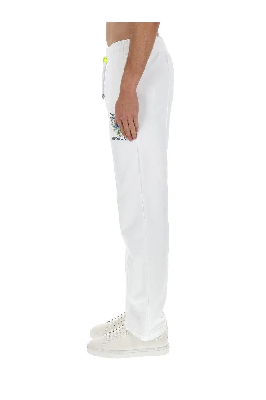 Casablanca men’s white cotton jogger pants with colorful embroidered logo and neon green drawstring accents