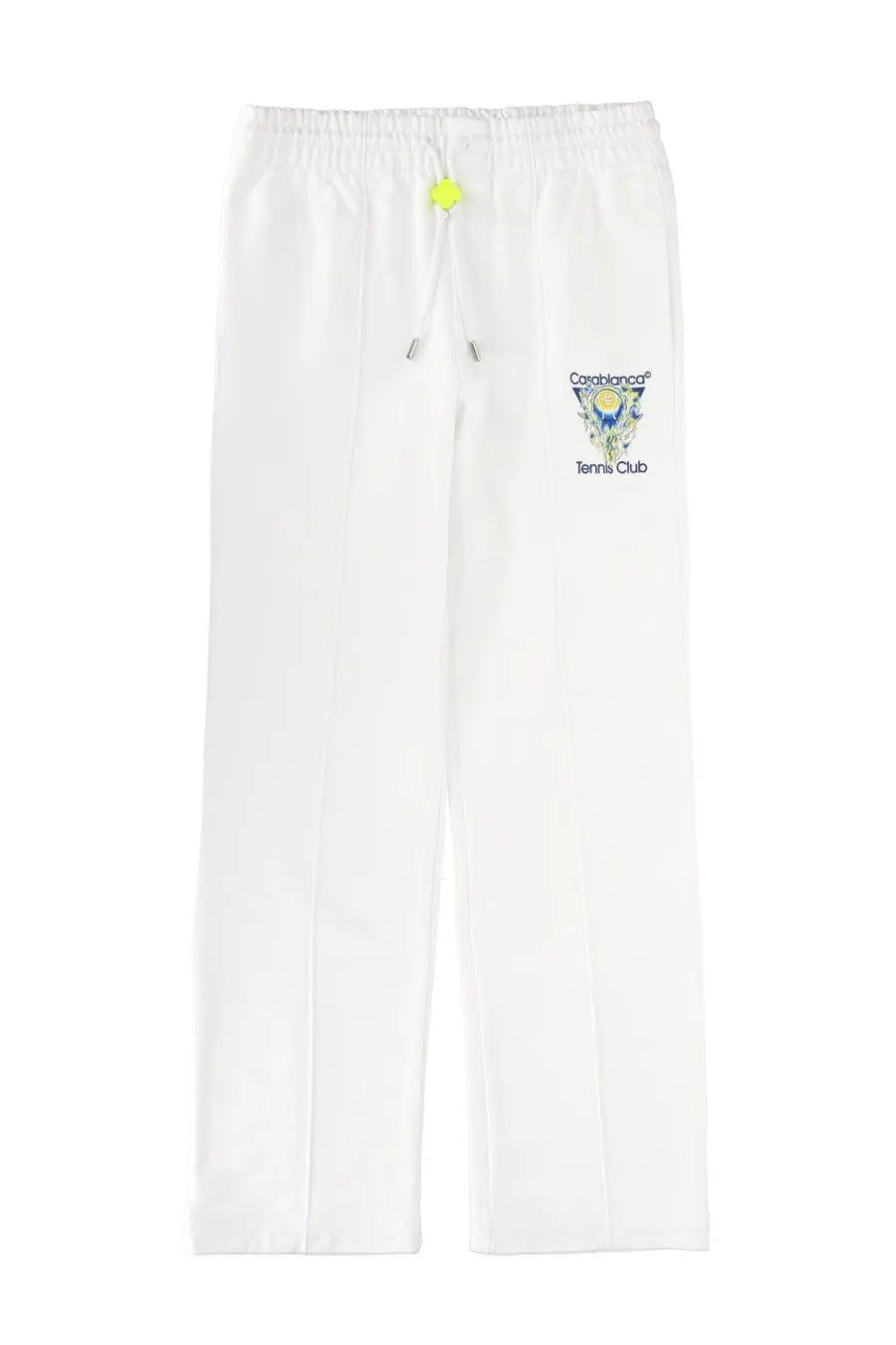 Casablanca men’s white cotton jogger pants with neon green drawstring and embroidered castiglione tennis club logo