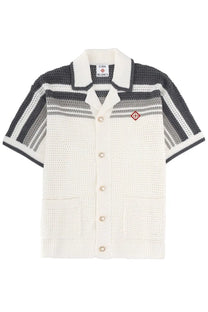 Casablanca men’s cream-colored knit shirt with collar short sleeves black gray stripes and front button closure