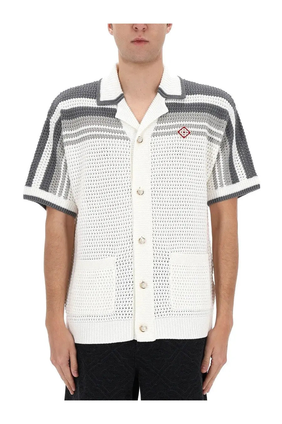 Casablanca men’s white knit shirt with gray stripes short sleeves button-up collar diamond logo on left chest