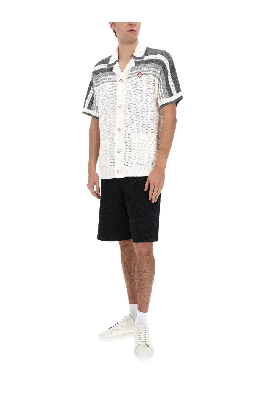 Casablanca men’s knit shirt white short-sleeved button-up cardigan in white gray and black striped textured knit