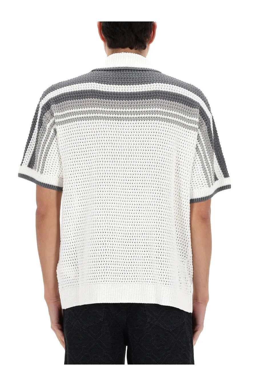 Casablanca men’s short-sleeved knit sweater with white body gray stripes openwork texture and ribbed cuffs and hem
