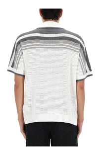 Casablanca men’s short-sleeved knit sweater with white body gray stripes openwork texture and ribbed cuffs and hem