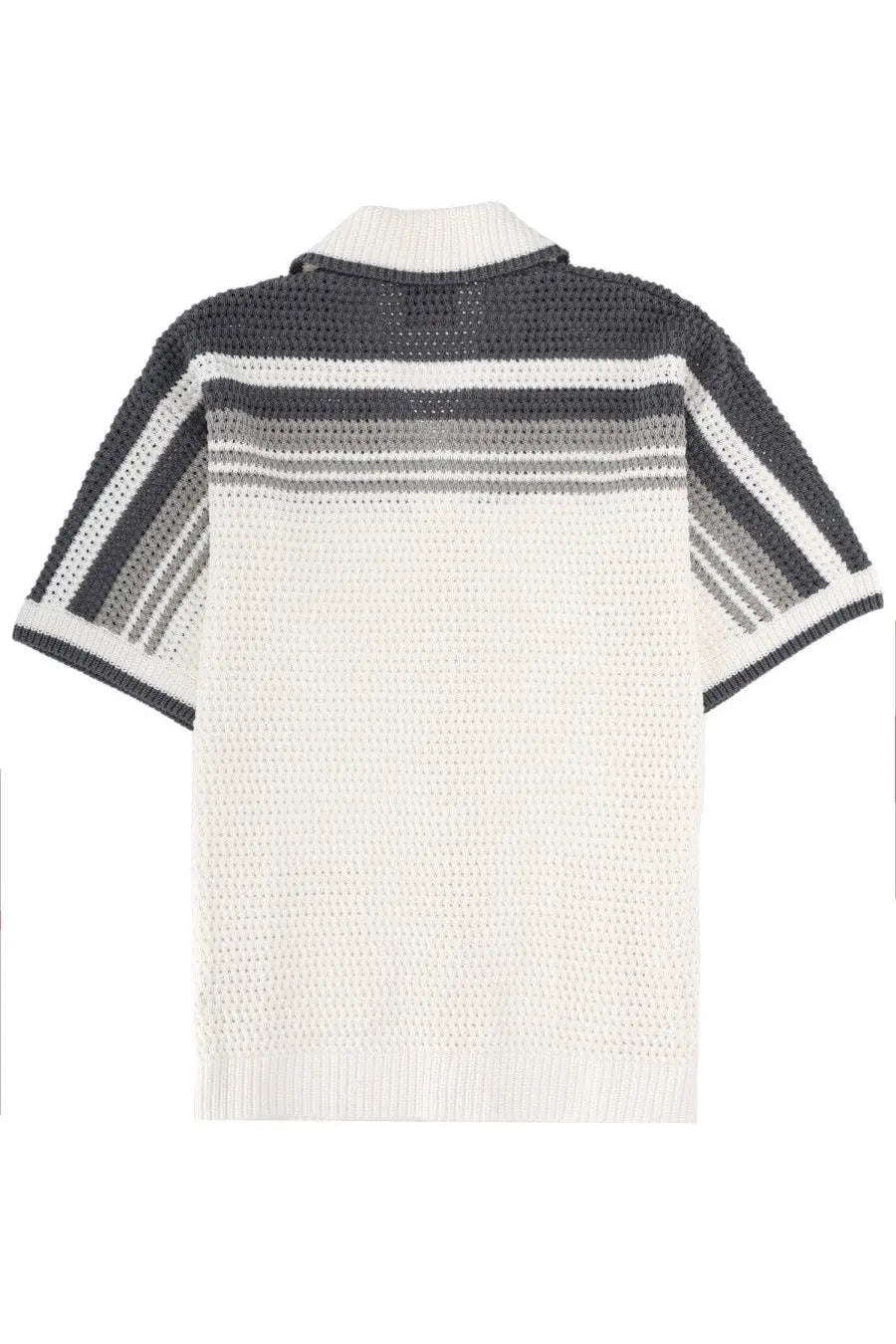 Casablanca men’s knit shirt white shown from back with short sleeves textured openwork cream and dark gray stripes