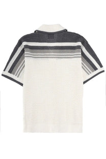 Casablanca men’s knit shirt white shown from back with short sleeves textured openwork cream and dark gray stripes