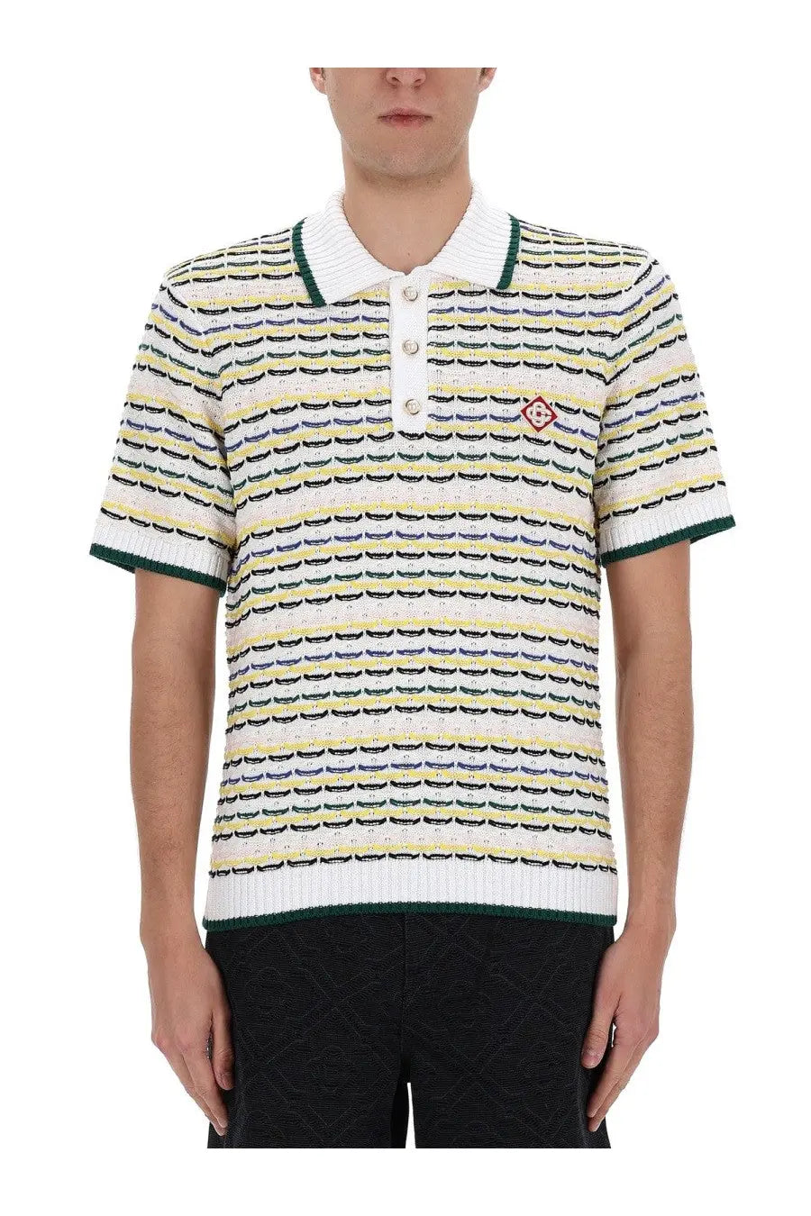 Casablanca men’s knitted polo shirt with short sleeves and horizontal wavy stripes in cream pale yellow navy blue with green trim