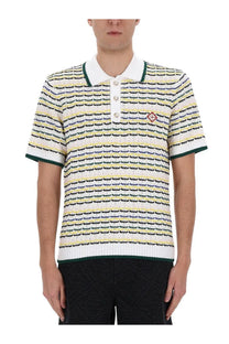 Casablanca men’s knitted polo shirt with short sleeves and horizontal wavy stripes in cream pale yellow navy blue with green trim