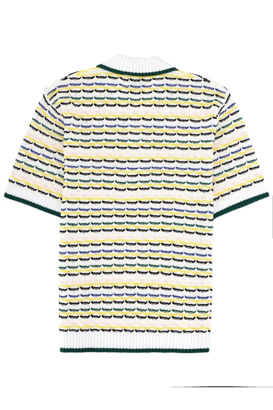 Casablanca men’s short-sleeved knitted polo in white with pale yellow and dark green stripes featuring crescent moons