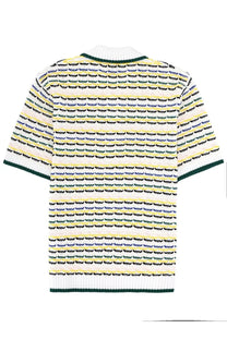 Casablanca men’s short-sleeved knitted polo in white with pale yellow and dark green stripes featuring crescent moons