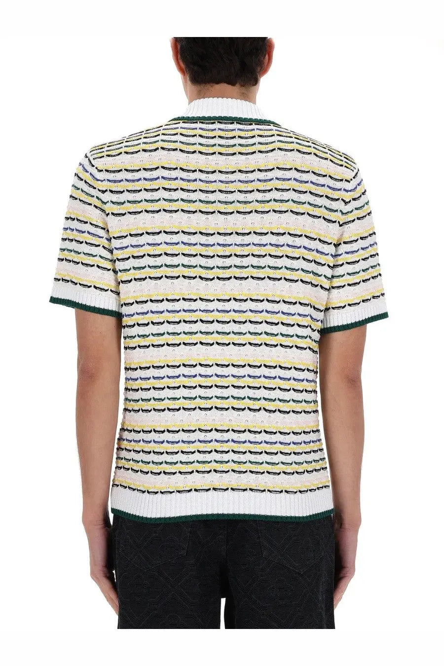 Casablanca men’s knitted polo with short sleeves high collar ribbed cuffs in multicolor wave striped pattern
