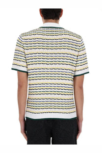 Casablanca men’s knitted polo with short sleeves high collar ribbed cuffs in multicolor wave striped pattern
