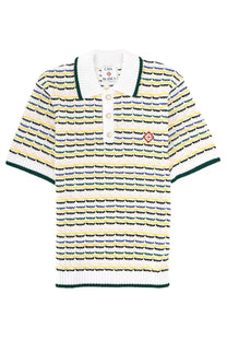 Casablanca men’s knitted polo shirt in cream yellow and green with black curved stripes featuring short sleeves