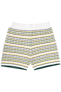 Casablanca men’s knitted shorts in white with yellow navy and dark green stripes and black crescent moon pattern