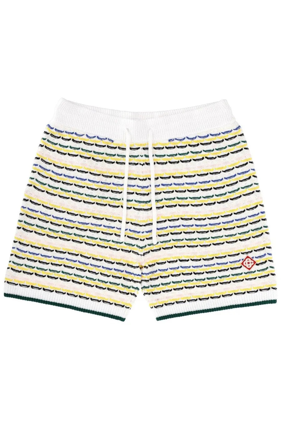 Casablanca men’s knitted white shorts with yellow blue and green stripes and black crescent moon pattern