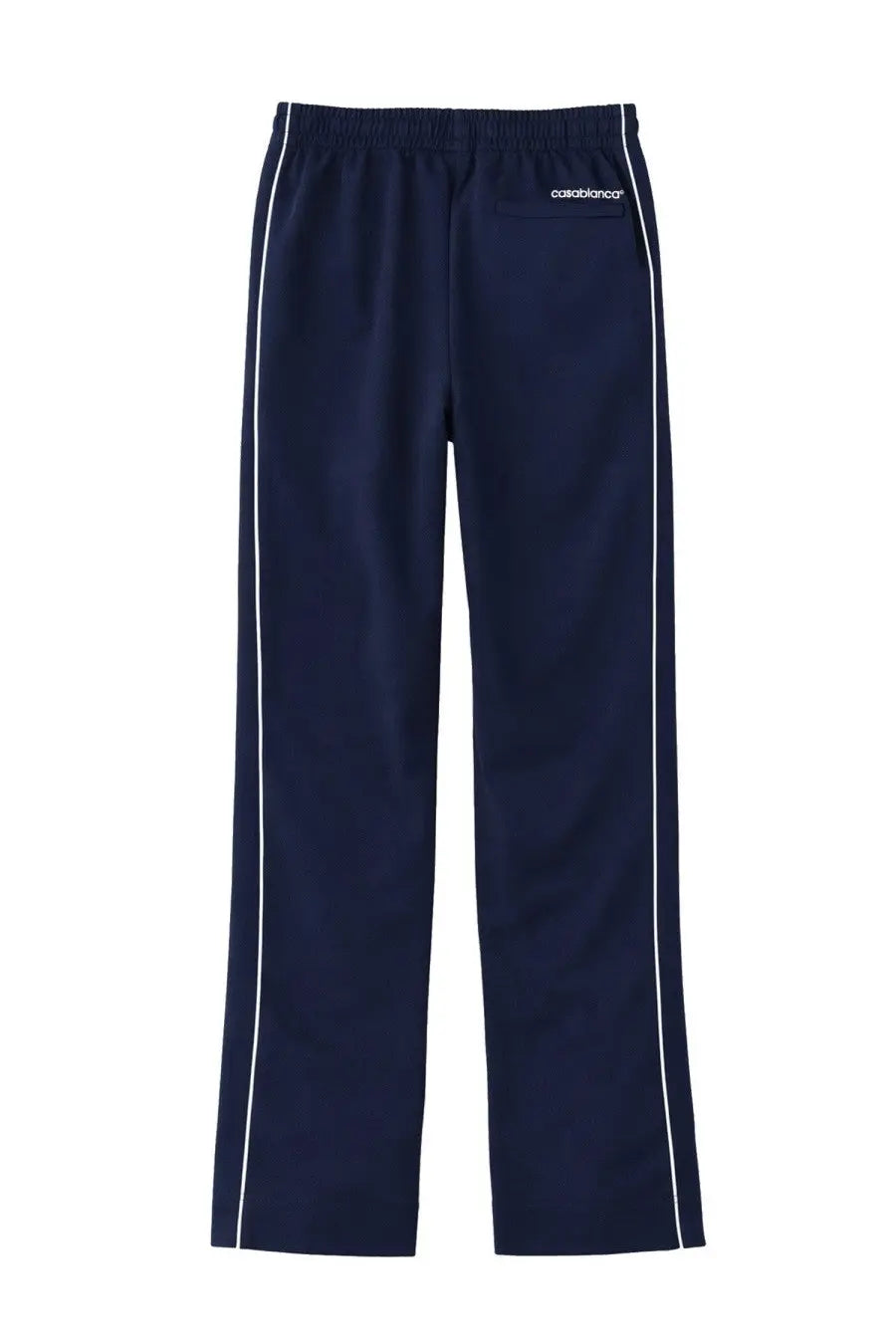 Casablanca men’s piquet track pants in navy blue cotton with white side stripes and embroidered logo on waistband