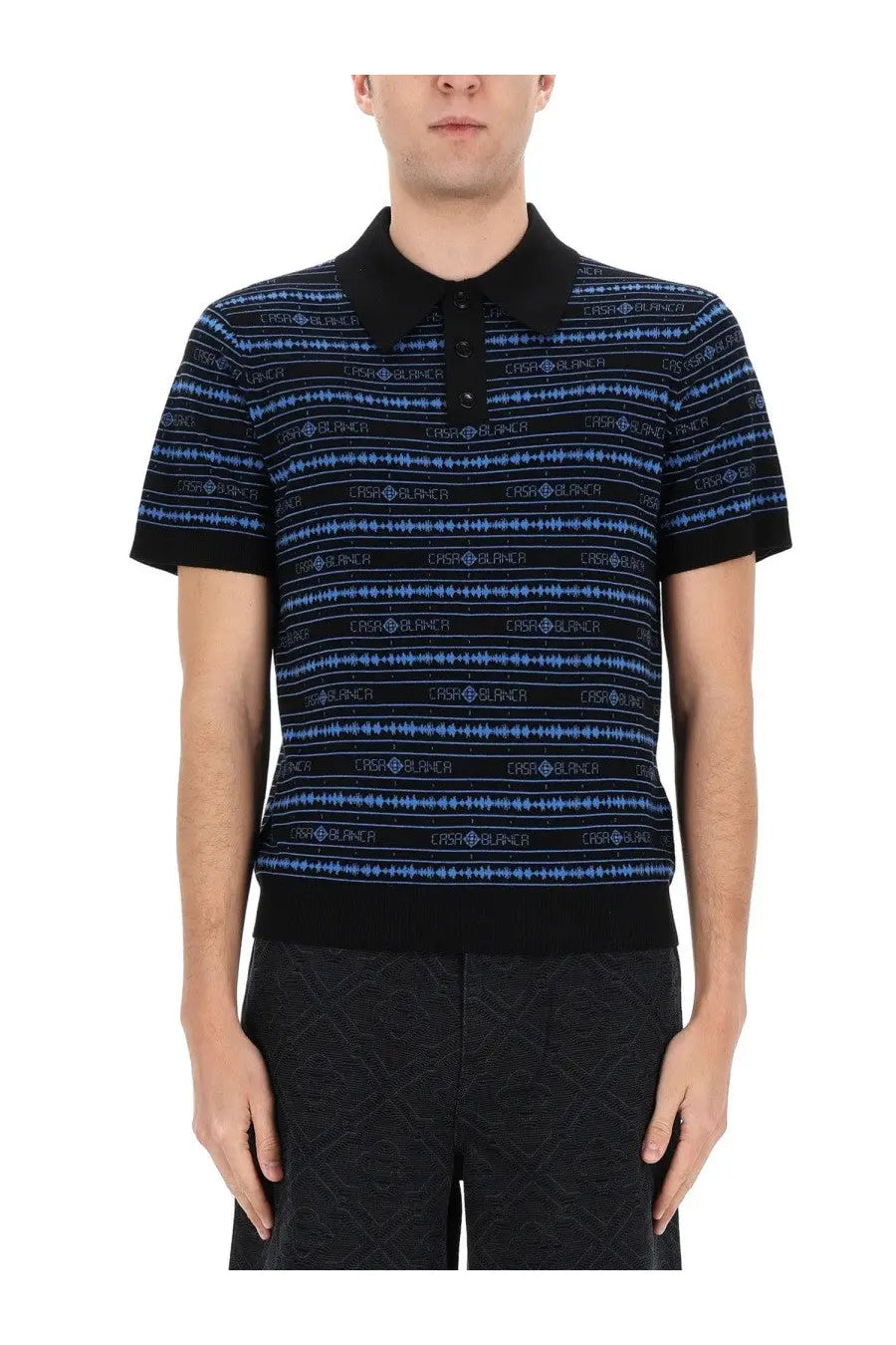 Black and blue striped polo shirt with repeating cos logo pattern from Casablanca men’s polo sound wave multicolor collection