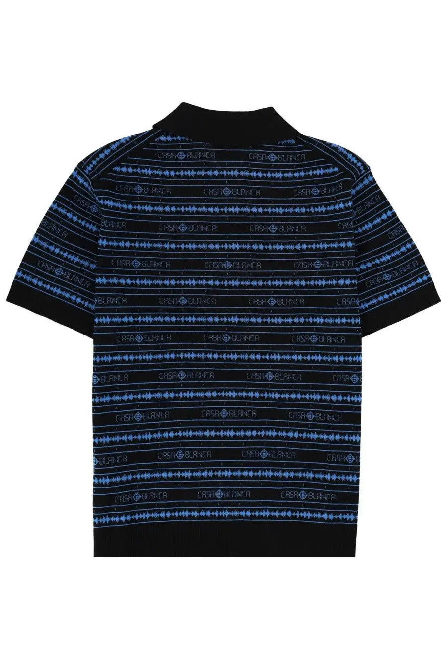Black short-sleeved polo shirt with light blue casa blanca logos and wave patterns from casablanca mens polo sound wave multicolor
