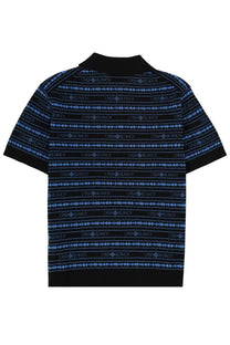 Black short-sleeved polo shirt with light blue casa blanca logos and wave patterns from casablanca mens polo sound wave multicolor