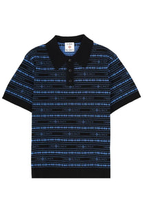 Casablanca men’s black short-sleeved polo shirt with blue logo stripes and matching collar in sound wave multicolor