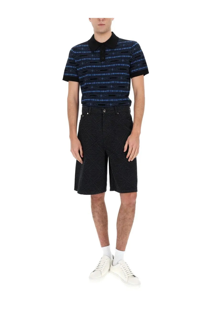 Casablanca men’s polo shirt in black with navy and light blue striped monogram pattern on short sleeves