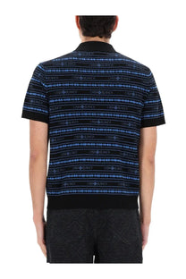 Casablanca men’s black polo shirt with light blue cashmere logo stripes and patterned detailing