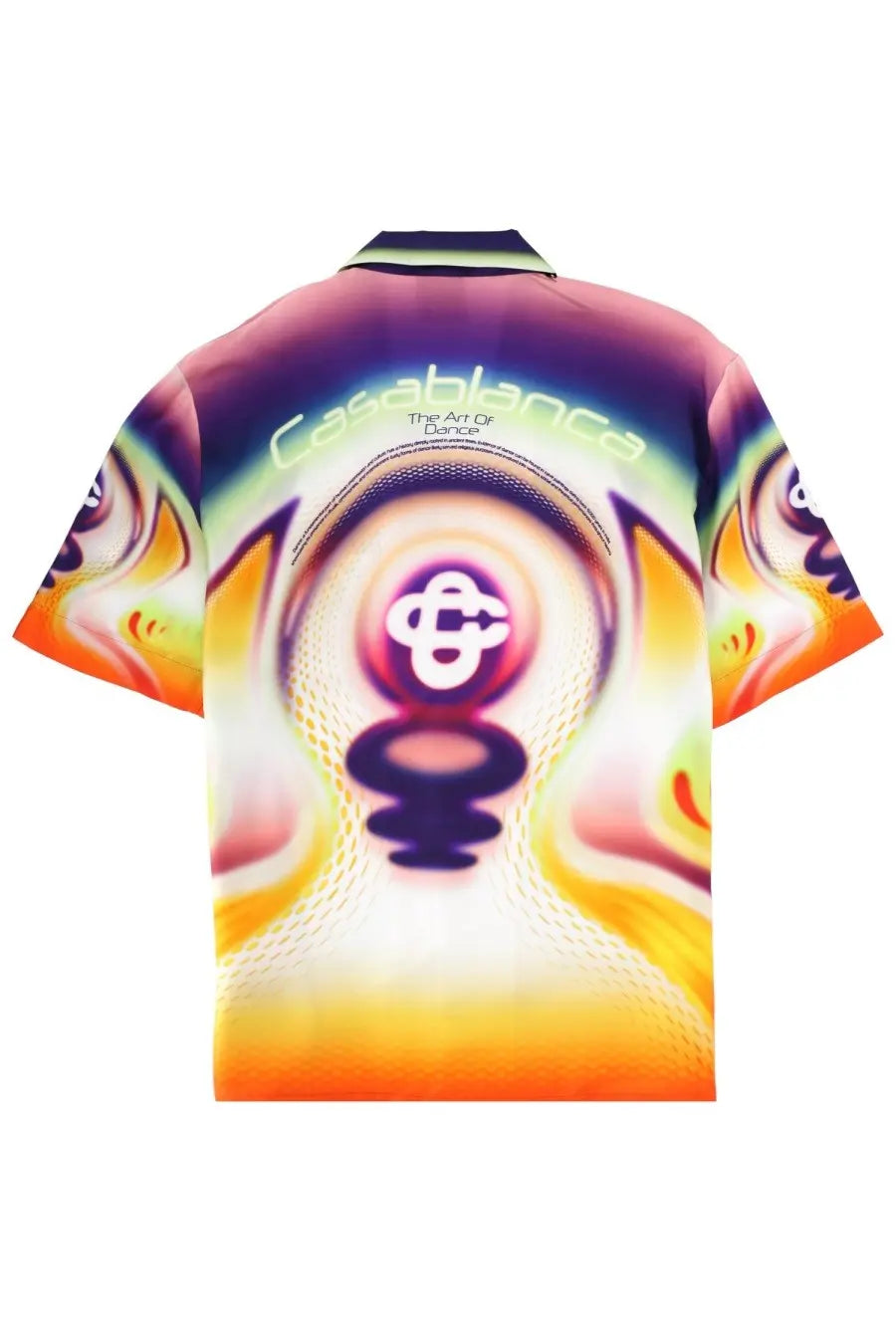 Vibrant casablanca men’s printed short-sleeved shirt with psychedelic orange purple and yellow swirl pattern and logo