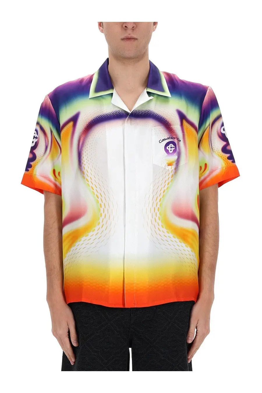 Casablanca men’s short-sleeve button-up shirt with vibrant psychedelic purple orange and yellow swirl print on white base