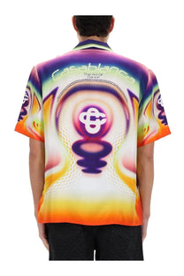 Back view of casablanca men’s printed shirt multicolor with psychedelic swirl design and white text on short sleeves
