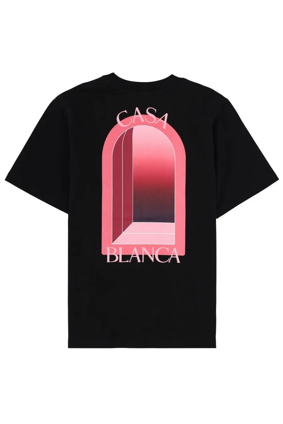 Casablanca men’s black short-sleeved t-shirt with bold pink gradient archway graphic and casa blanca text