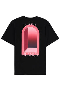 Casablanca men’s black short-sleeved t-shirt with bold pink gradient archway graphic and casa blanca text