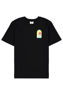 Black short-sleeved cotton t-shirt with colorful arched graphic and light blue casa french text for men by casablanca