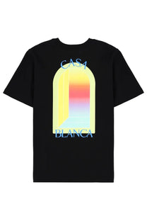 Black short-sleeved Casablanca men’s shirt with vibrant arched gradient graphic and blue casa blanca lettering
