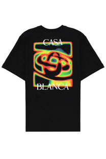Casablanca men’s black short-sleeved t-shirt with neon abstract graphic and white casa blanca text on front