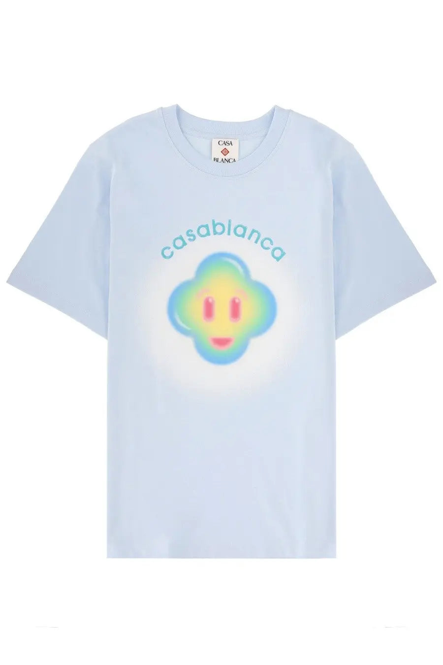 Casablanca men’s light blue cotton t-shirt with colorful smiling cloud graphic and casablanca text above it