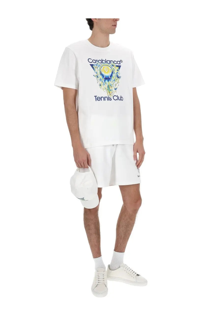White cotton Casablanca men’s t-shirt featuring a vibrant Casablanca Tennis Club graphic with blue green and yellow accents
