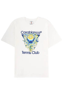 White cotton Casablanca men’s t-shirt with vibrant blue and yellow tennis club logo floral and butterfly graphic
