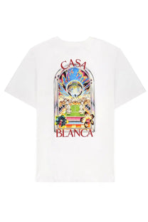 White cotton Casablanca men’s shirt with colorful graphic tennis print and red casa blanca text on front