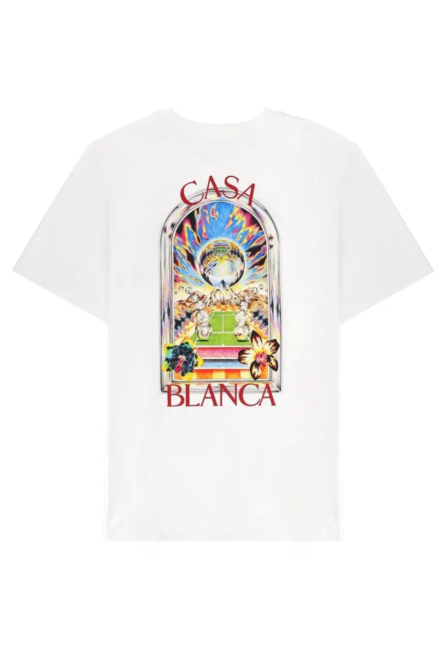 White cotton Casablanca men’s shirt with vibrant colorful graphic print of tennis players and psychedelic patterns