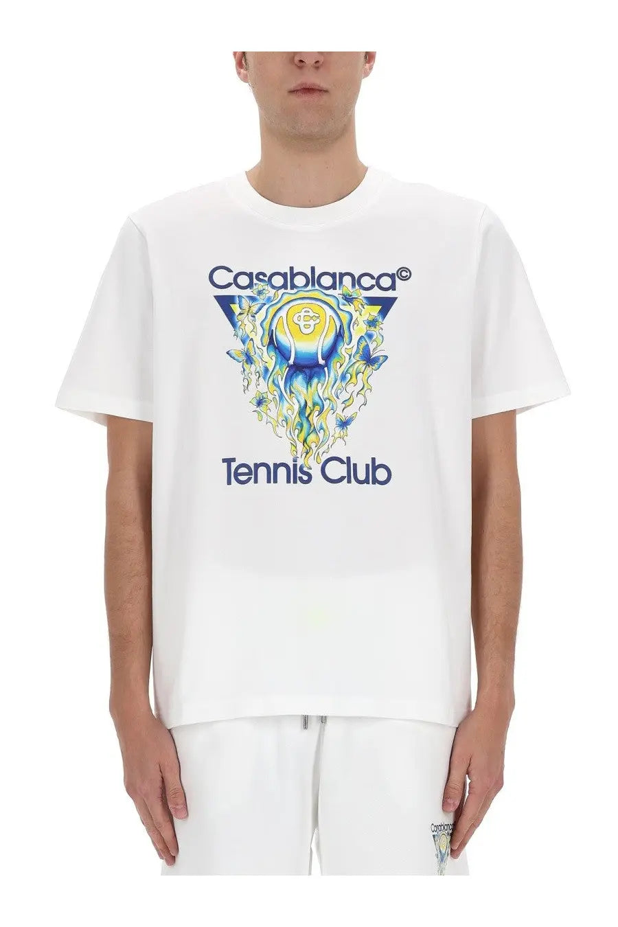White cotton Casablanca men’s t-shirt with vibrant tennis ball graphic and blue yellow flames design