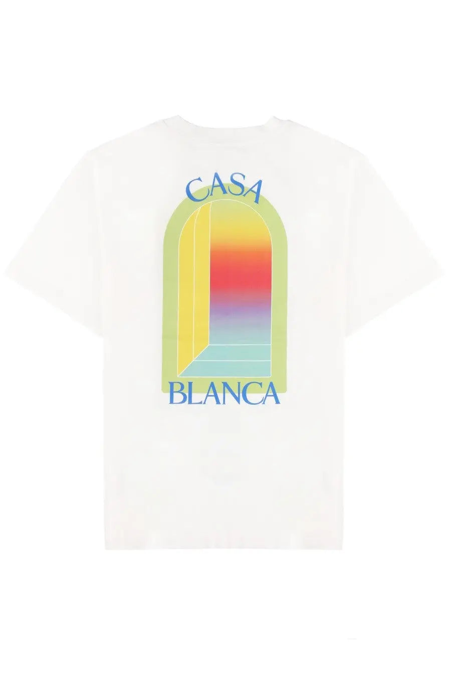 Casablanca men’s white cotton t-shirt with vibrant rainbow arched doorway and blue casa blanca print