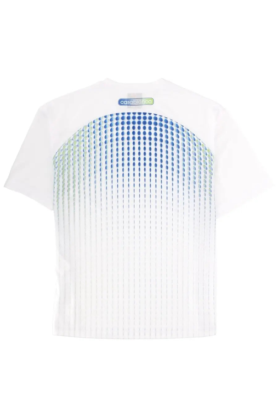 Casablanca men’s white short-sleeved shirt with gradient blue green dot pattern and vertical pleats on front